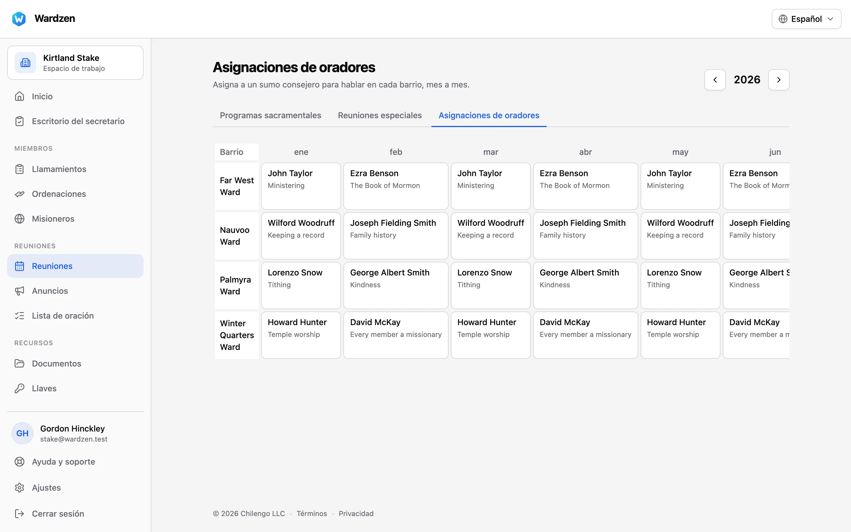 El calendario de discursos de la estaca asignando sumos consejeros a cada barrio por mes