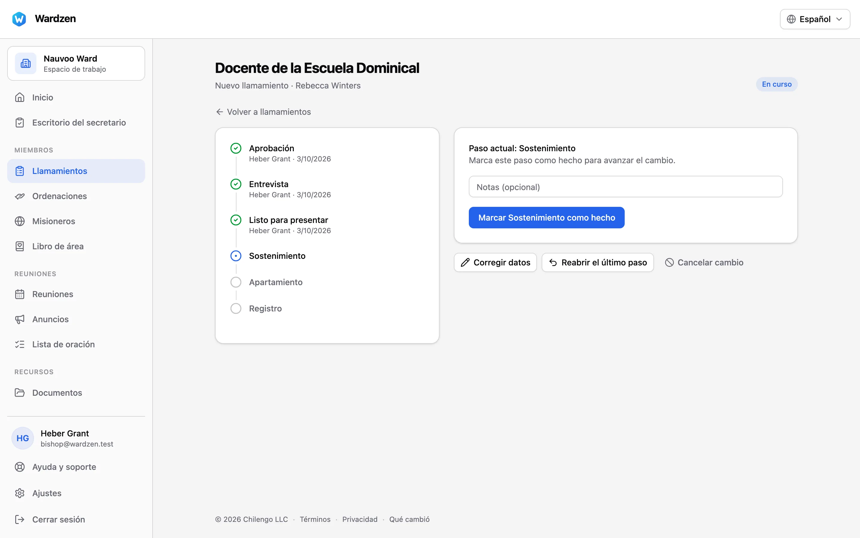 Un llamamiento de maestro de la Escuela Dominical en el paso del sostenimiento, con los pasos ya hechos marcados a la izquierda