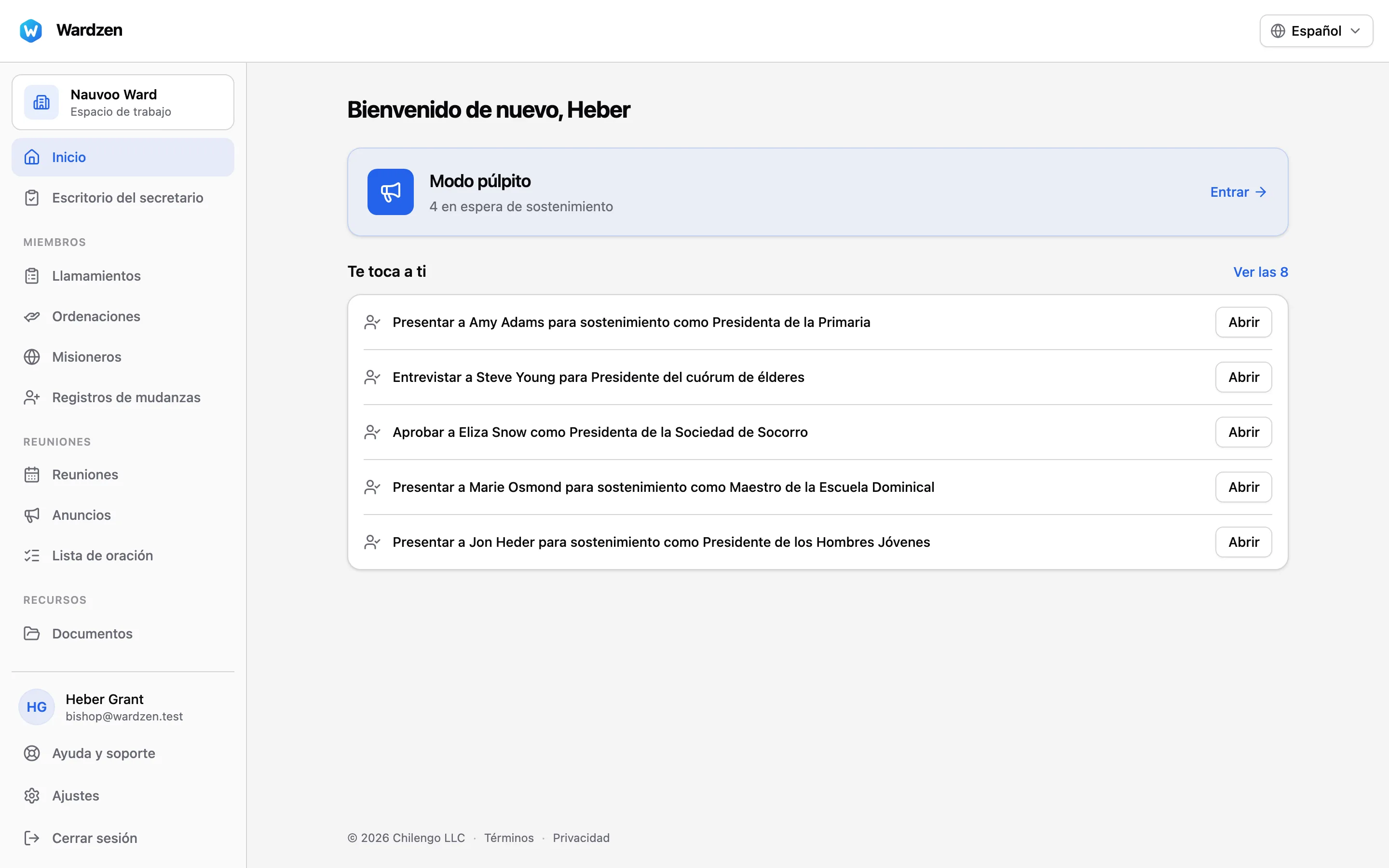 La pantalla de inicio de Wardzen para el Barrio Nauvoo