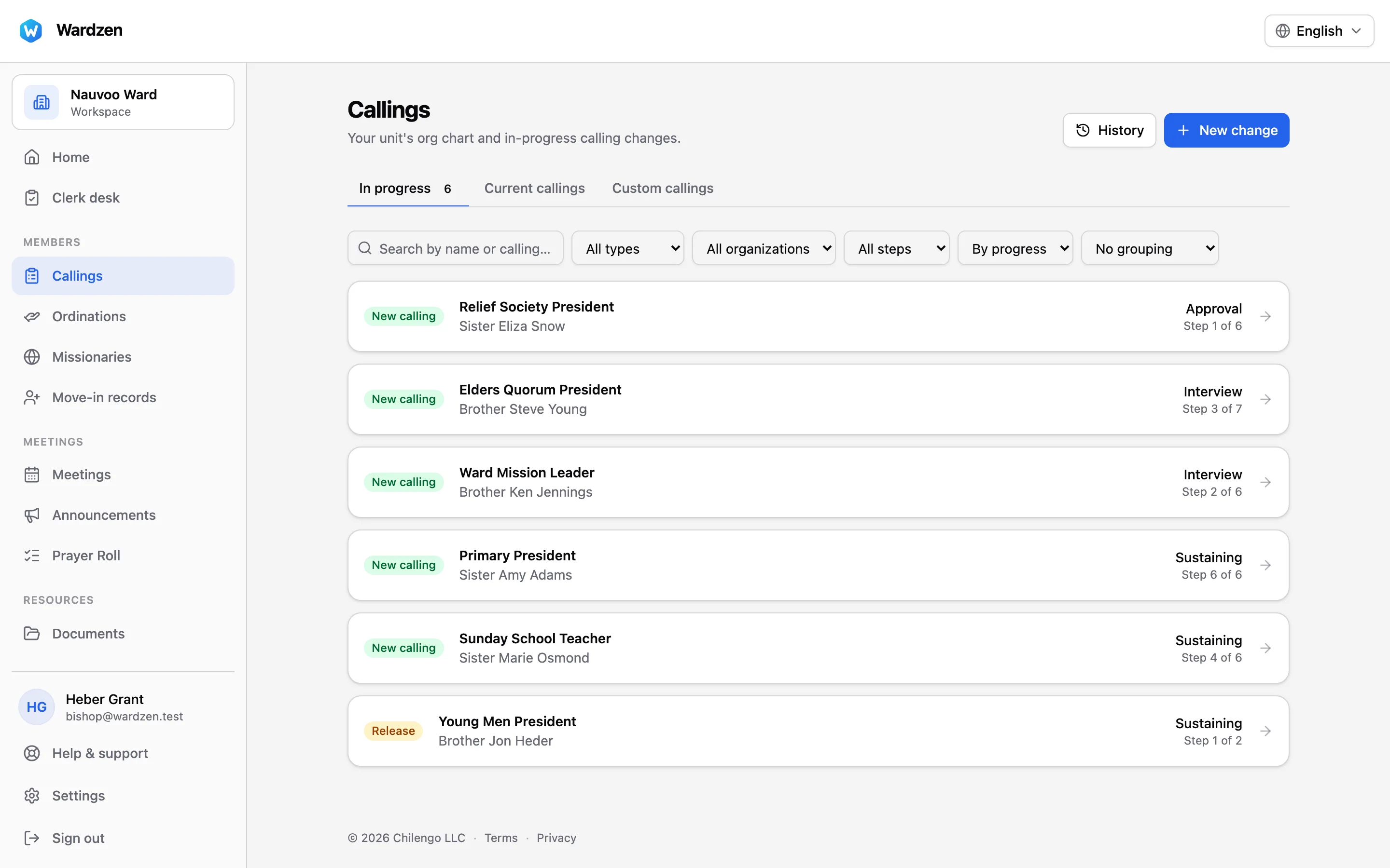 The Wardzen callings list showing six in-progress calling changes, each at its own step