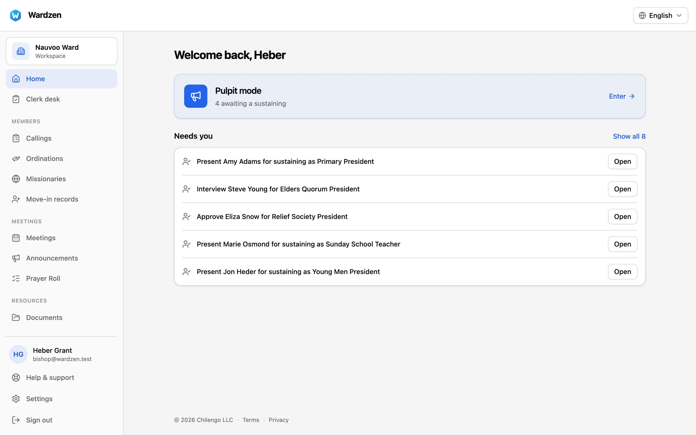 The Wardzen home screen for Nauvoo Ward