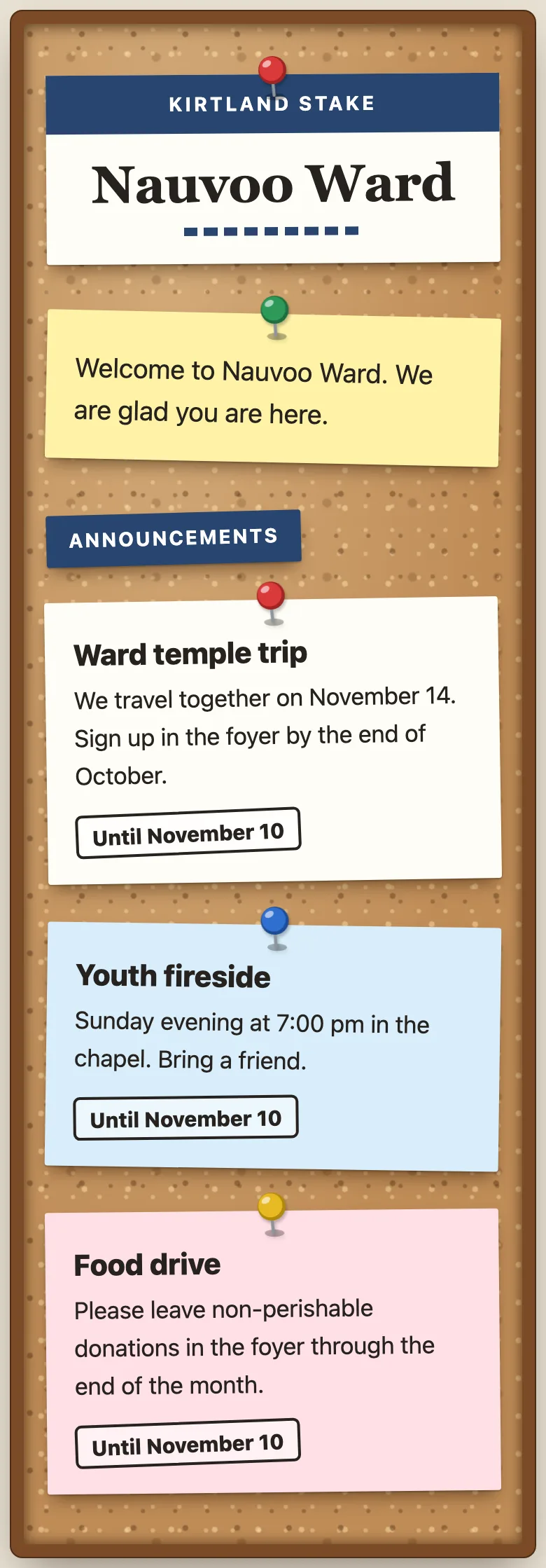 Nauvoo Ward's board in the Bulletin Board theme on a phone