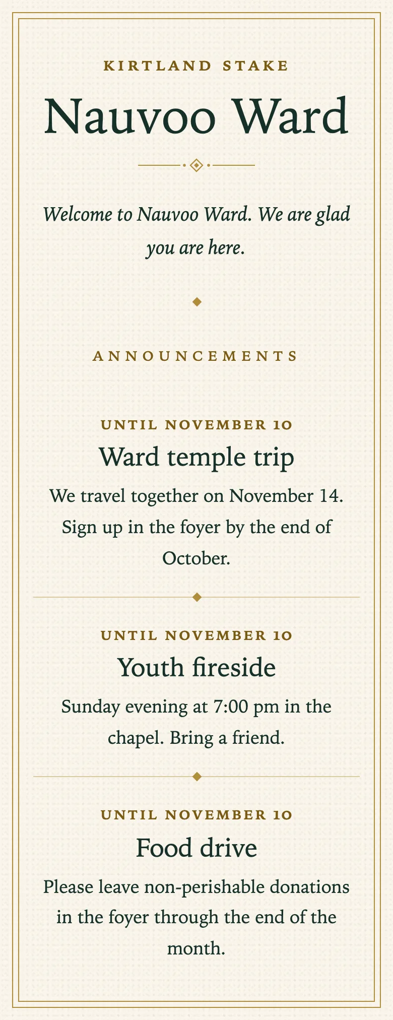 Nauvoo Ward's board in the Elegant theme on a phone
