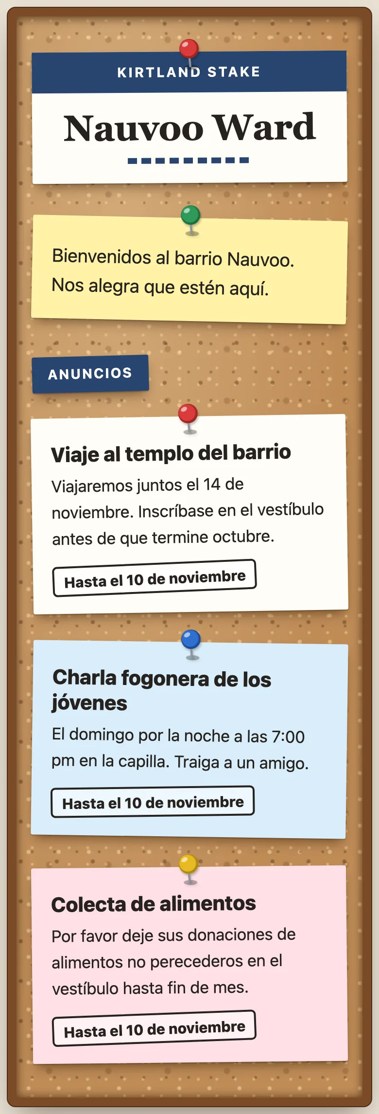 El tablón del barrio Nauvoo en el estilo Tablón de corcho, en un teléfono