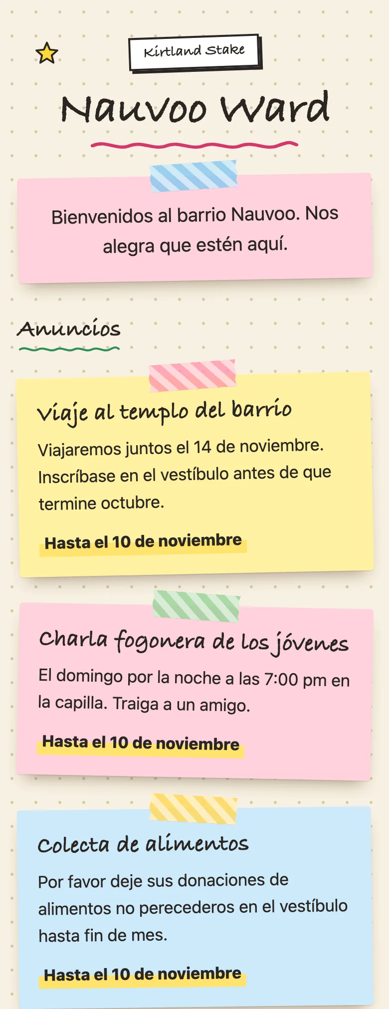 Un teléfono con el tablón de anuncios público del barrio Nauvoo en el estilo Notas adhesivas, con un mensaje de bienvenida y tres anuncios