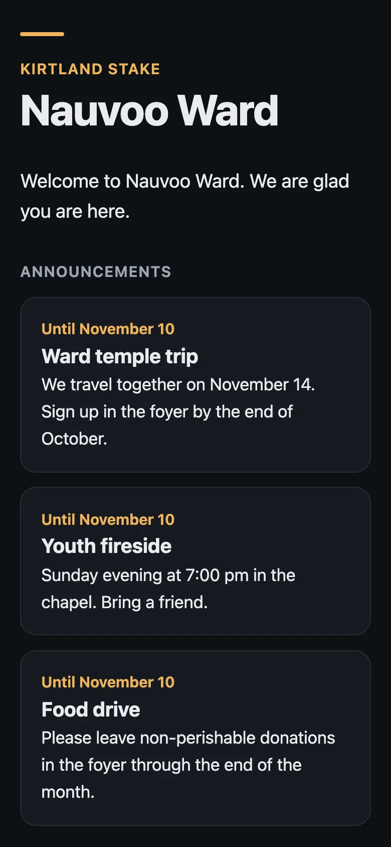 Nauvoo Ward's board in the Simple Dark theme on a phone