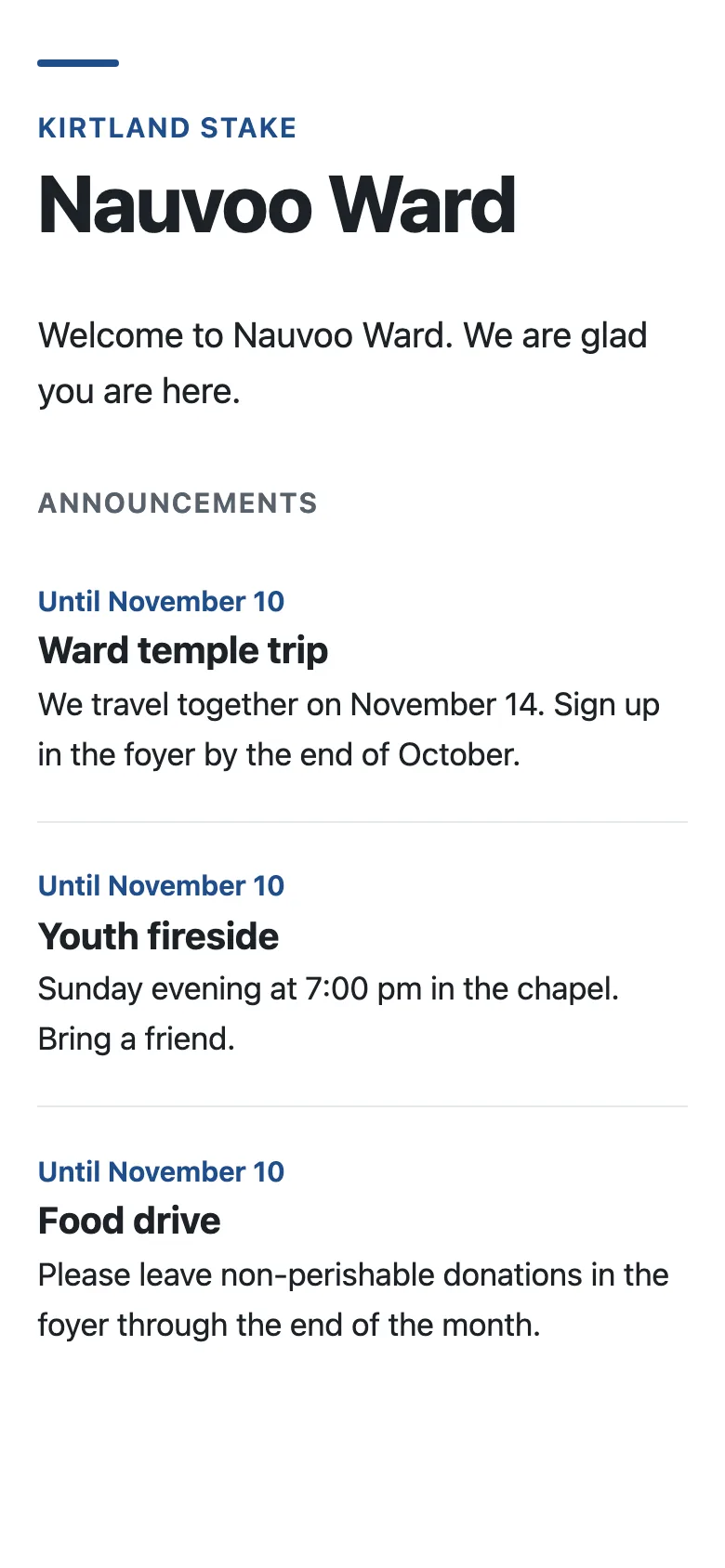 Nauvoo Ward's board in the Simple Light theme on a phone