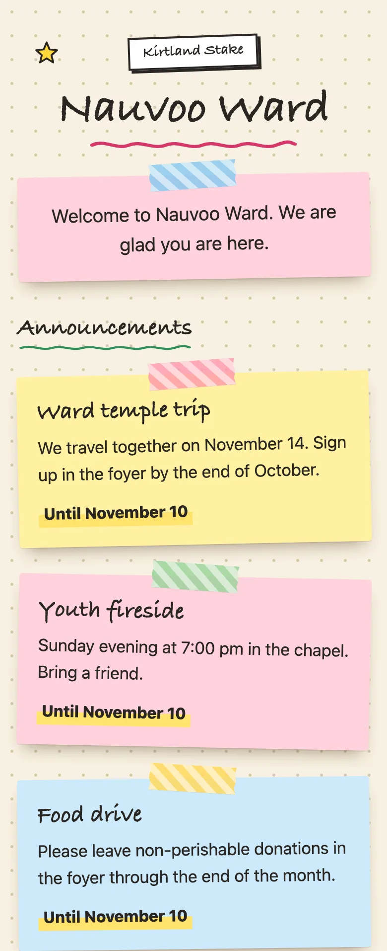 A phone showing Nauvoo Ward's public bulletin board in the Sticky Notes theme, with a welcome message and three announcements