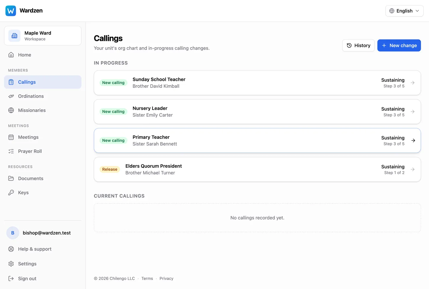 Callings in the Wardzen app